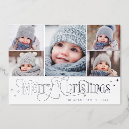 5 PHOTO Sparkle Christmas Greeting Silver Foil Holiday Card