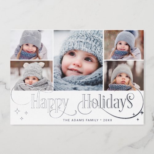 5 PHOTO Sparkle Christmas Greeting Silver Foil Holiday Card