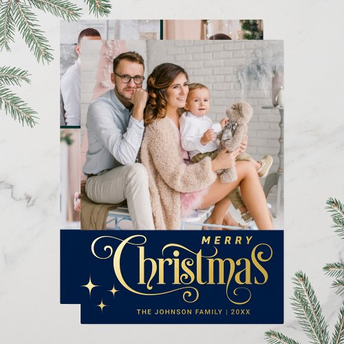 5 PHOTO Sparkle Merry Christmas Greeting Gold Foil Holiday Card