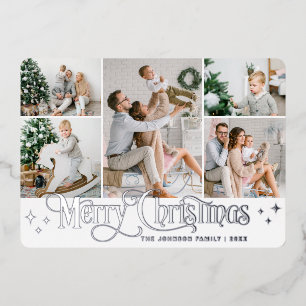 5 PHOTO Sparkle Merry Christmas Silver Foil Holiday Card