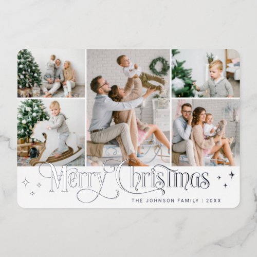 5 PHOTO Sparkle Merry Christmas Silver Foil Holiday Card