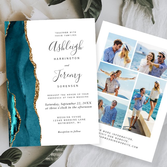 5-Photo Teal Blue Gold Agate Wedding Invitation (Creator Uploaded)