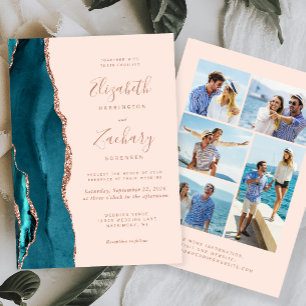 5-Photo Teal Blue Rose Gold Agate Blush Wedding Invitation