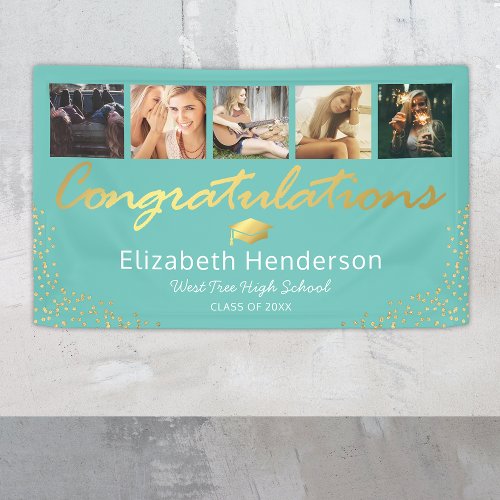 5 Photo Teal Gold Graduation Party Banner