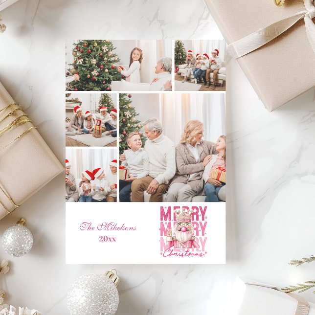 5 Photo Vintage Pink Nutcracker Christmas  Holiday Card (Creator Uploaded)