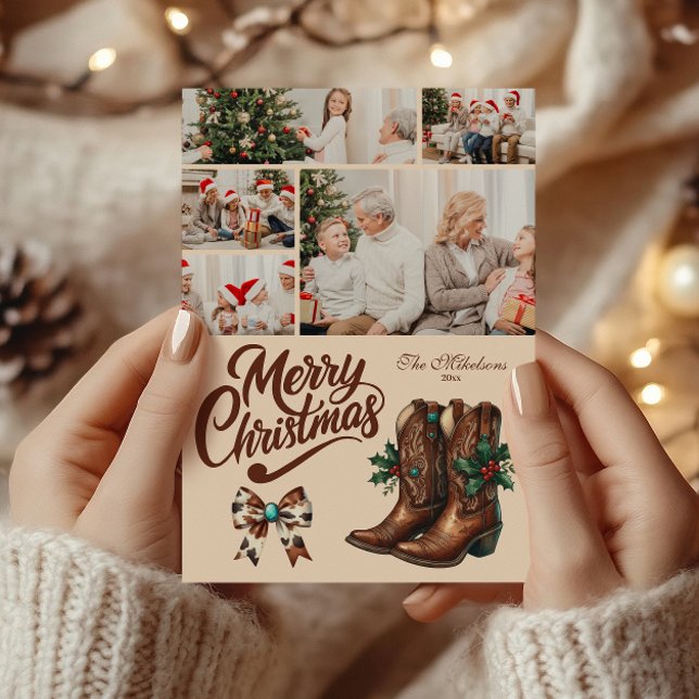 5 Photo Western Bow & Boots Christmas Holiday Card (Creator Uploaded)