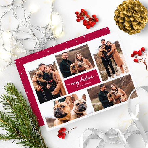 5 Photos Collage Chic Script Merry Christmas Invitation