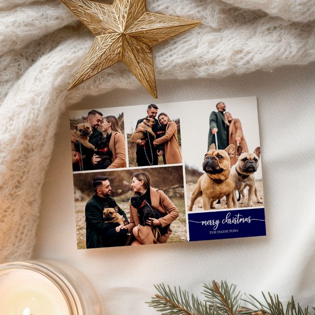 5 Photos Collage Stylish Font Merry Christmas Blue Postcard (Creator Uploaded)