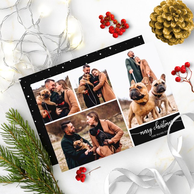 5 Photos Collage Stylish Merry Christmas Black Invitation (Creator Uploaded)