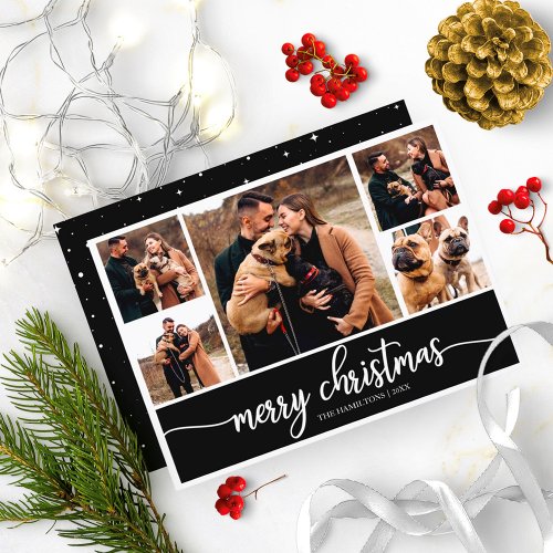 5 Photos Collage Stylish Merry Christmas Black Invitation