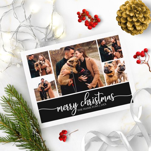 5 Photos Collage Stylish Merry Christmas Black Postcard