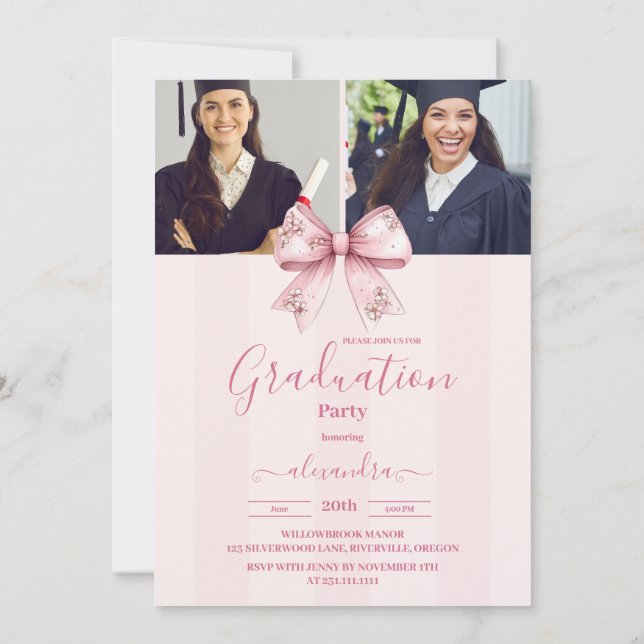 5 Photos Coquette Blush Bow Graduation Party Invitation (Back)