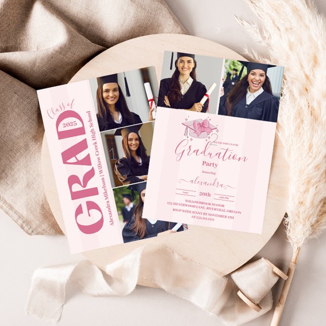 5 Photos Coquette Pink Bow Graduation Party Invitation (Creator Uploaded)