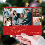 5 photos Merry Christmas elegant script collage Holiday Card<br><div class="desc">Elegant stylish Merry Christmas faux gold classic calligraphy script five family photos red holiday card with your custom personalized text on both sides. PLEASE NOTE that the background color is editable. You can change it after selecting CUSTOMIZE option down below the PERSONALIZE IT menu. If you don't feel at ease...</div>