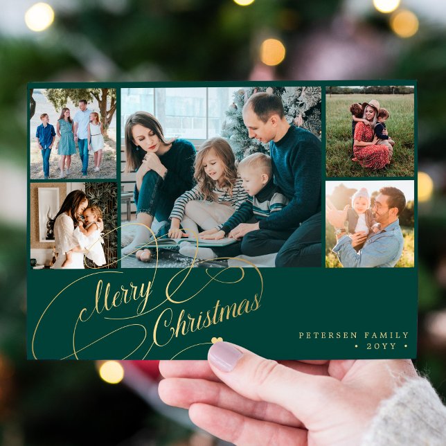 5 photos Merry Christmas elegant script collage Holiday Card (Creator Uploaded)