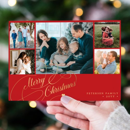 5 photos Merry Christmas elegant script collage Holiday Card