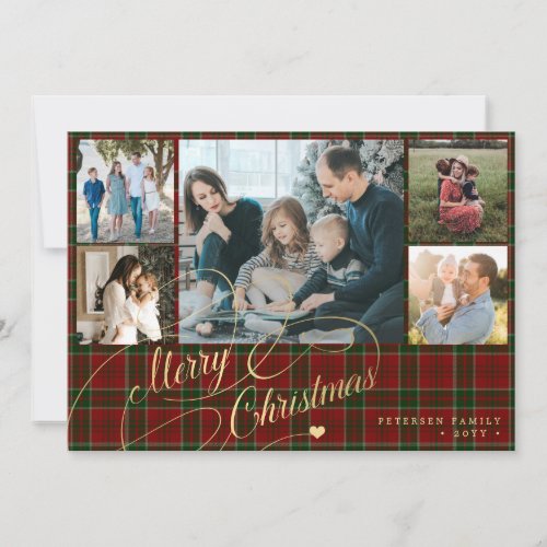 5 photos Merry Christmas elegant script red plaid  Holiday Card