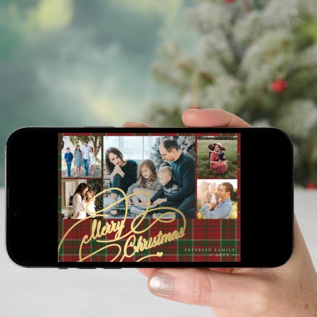 5 photos Merry Christmas elegant script red plaid  Holiday Card (Front Digital)