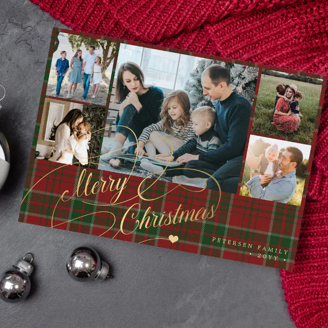 5 photos Merry Christmas elegant script red plaid Holiday Card Zazzle