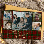 5 photos Merry Christmas elegant script red plaid  Holiday Card<br><div class="desc">Elegant stylish Merry Christmas faux gold classic calligraphy script five family photos red green plaid tartan rustic holiday card with your custom personalized text on both sides.</div>
