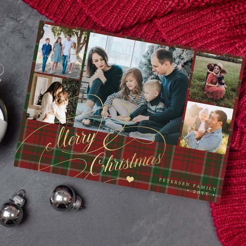 5 photos Merry Christmas elegant script red plaid  Holiday Card