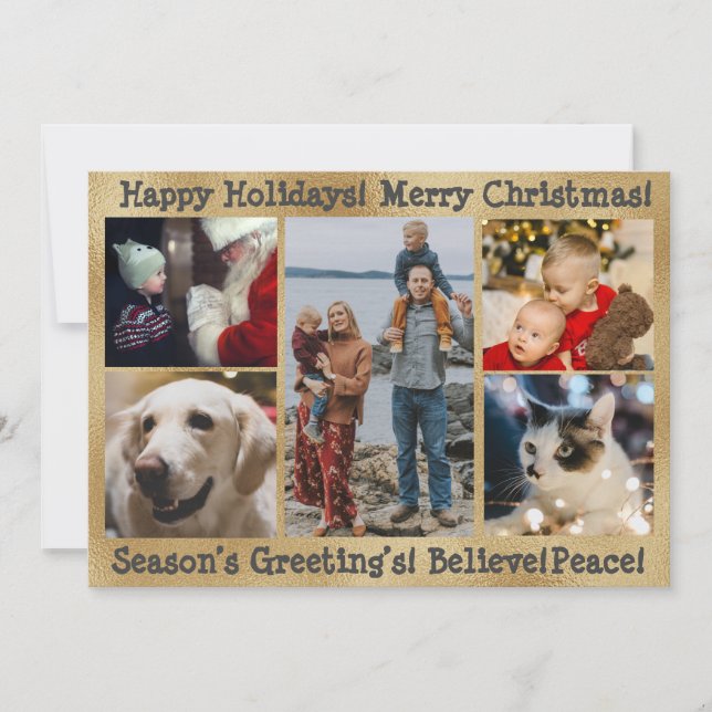 5 Photos Merry Christmas Happy Holidays Gold Holiday Card (Front)