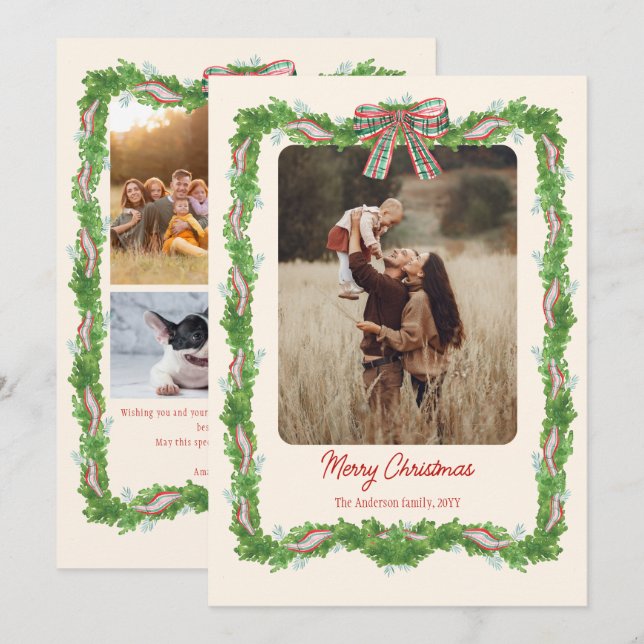 5 photos plaid bow rustic Christmas Photo Holiday Card (Front/Back)