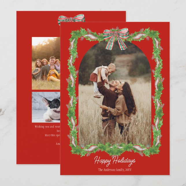 5 photos plaid bow rustic Christmas Photo Holiday Card (Front/Back)