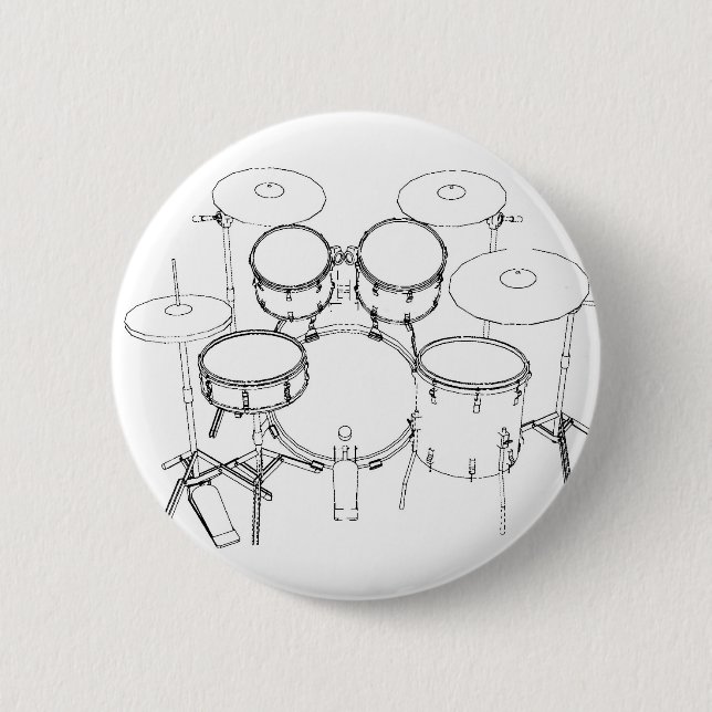 5 Piece Drum Kit: Black & White Drawing: Button (Front)