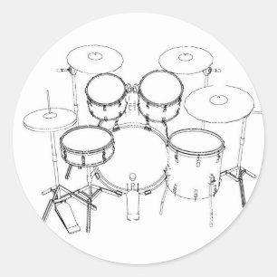 5 Piece Drum Kit: Black & White Drawing: Classic Round Sticker