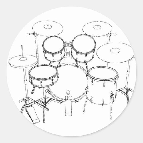 5 Piece Drum Kit Black  White Drawing Classic Round Sticker