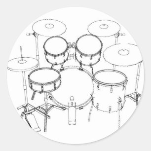 5 Piece Drum Kit: Black & White Drawing: Classic Round Sticker