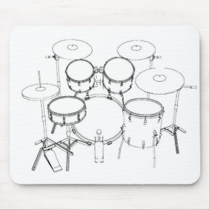 5 Piece Drum Kit: Black & White Drawing: Mouse Pad