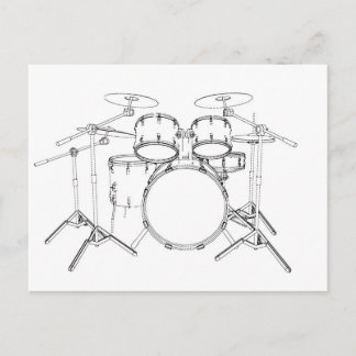 5 Piece Drum Kit: Black & White Drawing: Postcard