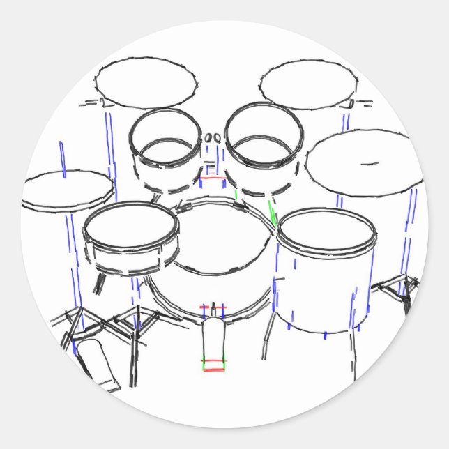 5 Piece Drum Kit: Marker Drawing: Classic Round Sticker (Front)