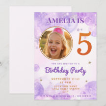 5 Purple Gold Star Bubbles 5th Birthday Invitation
