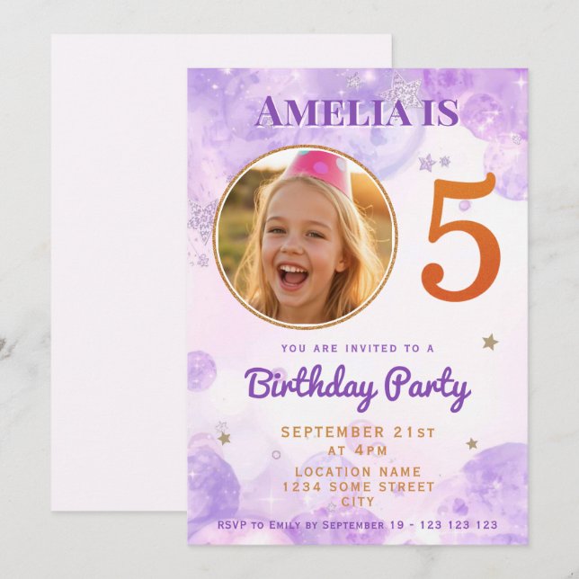 5 Purple Gold Star Bubbles 5th Birthday Invitation (Front/Back)
