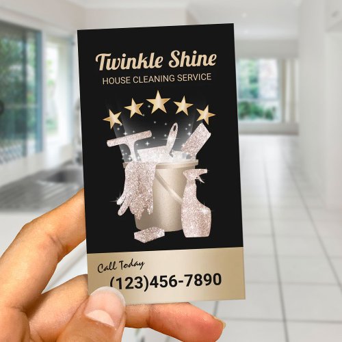 5 Star Cleaning Service Modern Gold Housekeeping Business Card