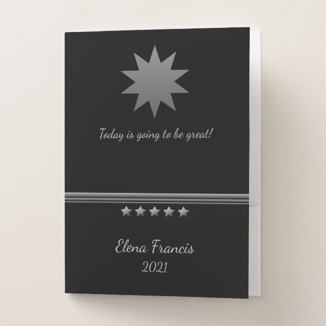 5 Star Silver Text Black Professional Pocket Folder (Front)