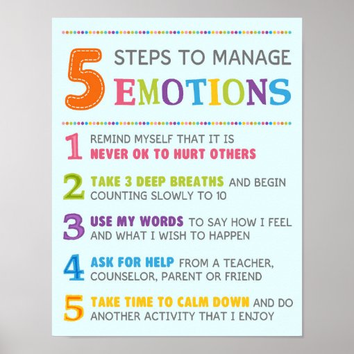 5 Steps to Manage Emotions Classroom Behavior Post Poster | Zazzle