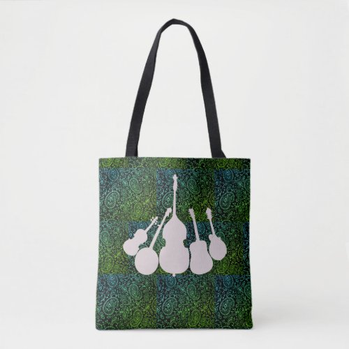 5 STRINGED INSTRUMENTS ON GREEN TOTE BAG