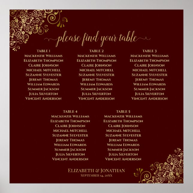 5 Table Auburn Wedding Seating Chart Lacy Gold (Front)