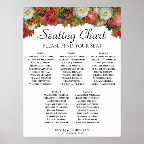 5 Table Autumn Flowers Wedding Seating Chart