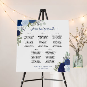 5 Table Blue Boho Roses Wedding Seating Chart Foam Board