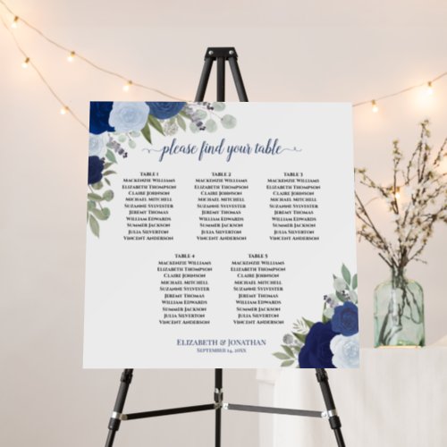 5 Table Blue Boho Roses Wedding Seating Chart Foam Board