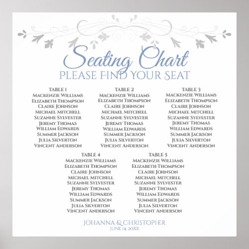 5 Table Blue  Gray Elegant Wedding Seating Chart