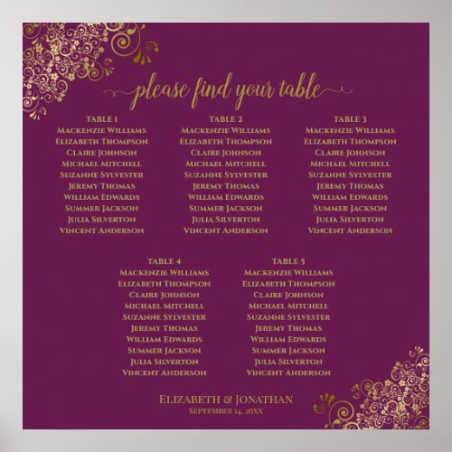 5 Table Cassis Purple  Gold Wedding Seating Chart