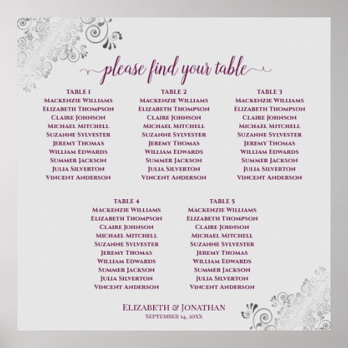 5 Table Cassis Purple  Gray Wedding Seating Chart