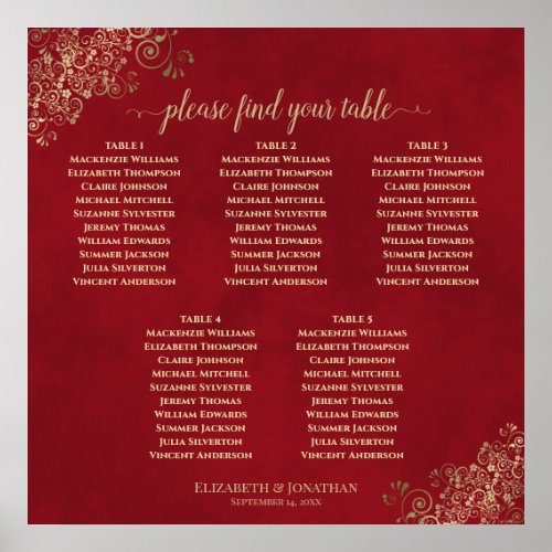5 Table Crimson Red  Gold Wedding Seating Chart