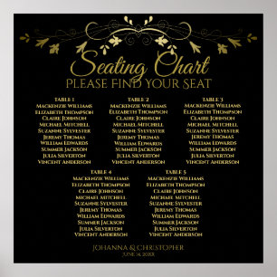 5 Table Elegant Gold & Black Wedding Seating Chart